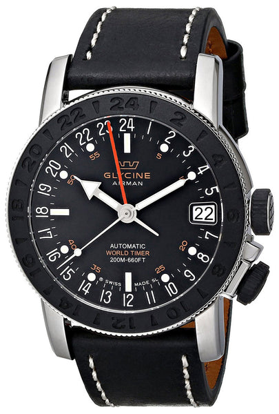 Watches - Mens-Glycine-3927.191.LB9B-24-hour display, 40 - 45 mm, Airman, black, date, dual time zone, Glycine, GMT, leather, mens, menswatches, new arrivals, stainless steel case, swiss automatic, uni-directional rotating bezel, watches-Watches & Beyond