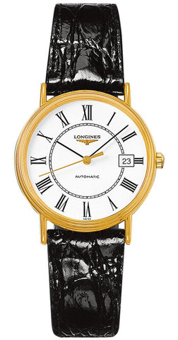 Watches - Mens-Longines-L48212112-30 - 35 mm, date, leather, Longines, mens, menswatches, new arrivals, Presence, round, stainless steel case, swiss automatic, watches, white, yellow gold plated-Watches & Beyond