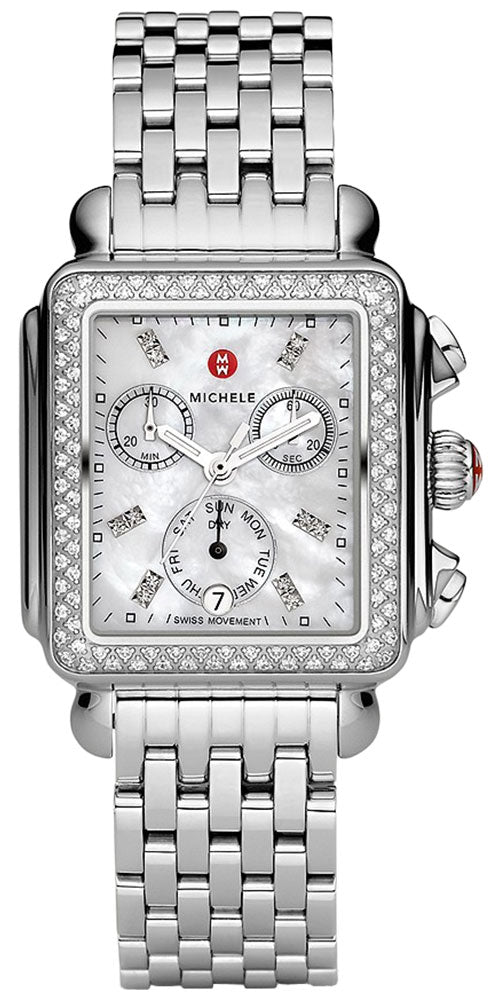 Watches - Womens-Michele-MWW06P000099-30 - 35 mm, 35 - 40 mm, chronograph, date, day, Deco, diamonds / gems, Michele, mother-of-pearl, rectangle, seconds sub-dial, stainless steel band, stainless steel case, swiss quartz, watches, white, womens, womenswatches-Watches & Beyond