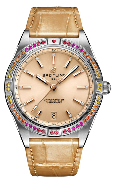 update alt-text with template Watches - Womens-Breitling-A10380611A1P1-35 - 40 mm, beige, Breitling, Chronomat, compass, COSC, date, diamonds / gems, leather, new arrivals, round, stainless steel case, swiss automatic, uni-directional rotating bezel, watches, womens, womenswatches-Watches & Beyond