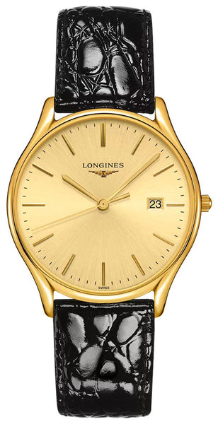Watches - Mens-Longines-L48592322-35 - 40 mm, champagne, date, gold-tone, leather, Longines, Lyre, mens, menswatches, new arrivals, round, swiss quartz, watches, yellow gold plated-Watches & Beyond