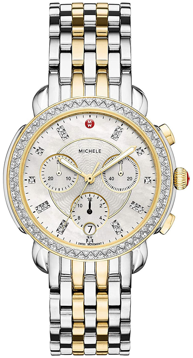 Watches - Womens-Michele-MWW30A000005-12-hour display, 35 - 40 mm, chronograph, date, diamonds / gems, Michele, mother-of-pearl, new arrivals, round, seconds sub-dial, Sidney, stainless steel band, stainless steel case, swiss quartz, two-tone band, two-tone case, watches, white, womens, womenswatches-Watches & Beyond