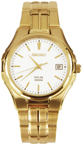 Watches - Mens-Seiko-SNE134P1-35 - 40 mm, date, mens, menswatches, new arrivals, round, Seiko, solar, watches, white, yellow gold plated, yellow gold plated band-Watches & Beyond