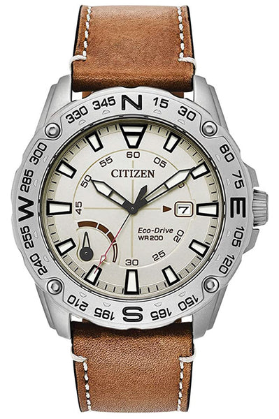 Watches - Mens-Citizen-AW7040-02A-40 - 45 mm, Citizen, compass, cream, leather, mens, menswatches, new arrivals, power reserve indicator, quartz eco-drive, round, stainless steel case, watches-Watches & Beyond