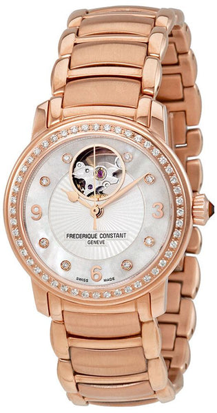 Watches - Womens-Frederique Constant-FC-310HBAD2PD4B-30 - 35 mm, 35 - 40 mm, diamonds / gems, Frederique Constant, Heart Beat, mother-of-pearl, new arrivals, rose gold plated, rose gold plated band, round, silver-tone, swiss automatic, watches, white, womens, womenswatches-Watches & Beyond