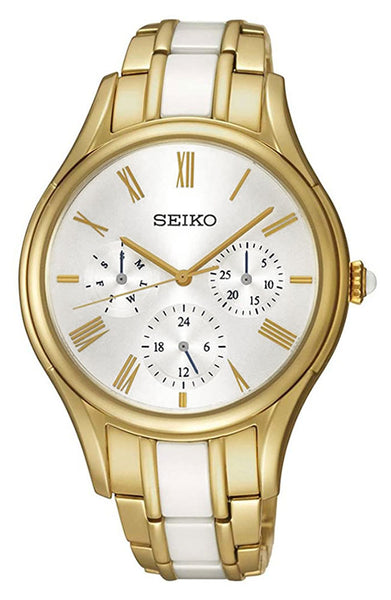 Watches - Womens-Seiko-SKY718P1-24-hour display, 35 - 40 mm, ceramic band, date, day, quartz, round, Seiko, silver-tone, watches, womens, womenswatches, yellow gold plated, yellow gold plated band-Watches & Beyond