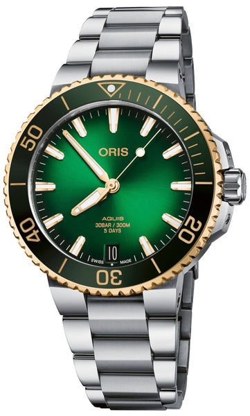 update alt-text with template Watches - Mens-Oris-400 7769 6357-MB-40 - 45 mm, Aquis, date, divers, green, mens, menswatches, new arrivals, Oris, round, rpSKU_400 7769 6355-MB, rpSKU_400 7769 6355-RS, rpSKU_400 7769 6357-RS, rpSKU_400 7772 4054-MB, rpSKU_400 7778 7153-MB, stainless steel band, swiss automatic, two-tone case, uni-directional rotating bezel, watches-Watches & Beyond