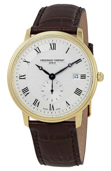 Watches - Mens-Frederique Constant-FC-245M5S5-35 - 40 mm, date, Frederique Constant, leather, mens, menswatches, new arrivals, round, seconds sub-dial, silver-tone, Slimline, swiss quartz, watches, yellow gold plated-Watches & Beyond