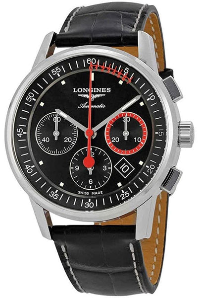 Watches - Mens-Longines-L47544523-12-hour display, 40 - 45 mm, black, chronograph, date, Heritage, leather, Longines, mens, menswatches, new arrivals, round, seconds sub-dial, stainless steel case, swiss automatic, watches-Watches & Beyond