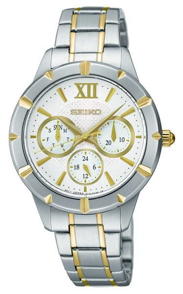 Watches - Womens-Seiko-SKY690P1-24-hour display, 35 - 40 mm, date, day, Mother's Day, quartz, round, Seiko, silver-tone, stainless steel band, stainless steel case, two-tone band, two-tone case, watches, womens, womenswatches-Watches & Beyond