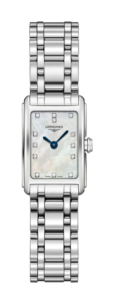 Watches - Womens-Longines-L52584876-25 - 30 mm, diamonds / gems, DolceVita, Longines, mother-of-pearl, new arrivals, rectangle, stainless steel band, stainless steel case, swiss quartz, watches, white, womens, womenswatches-Watches & Beyond