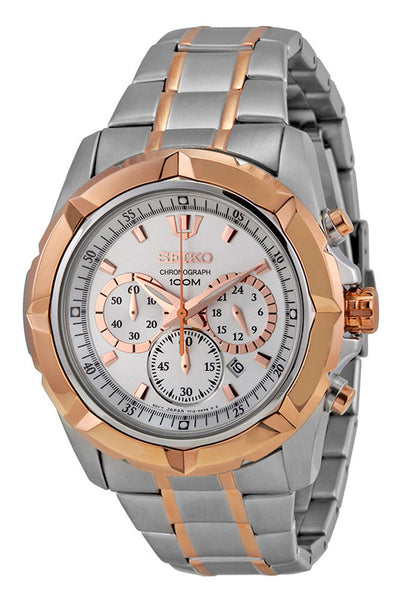 Watches - Mens-Seiko-SRW026P1-24-hour display, 40 - 45 mm, 45 - 50 mm, chronograph, date, mens, menswatches, quartz, rose gold plated band, round, seconds sub-dial, Seiko, silver-tone, stainless steel band, stainless steel case, two-tone band, two-tone case, watches-Watches & Beyond