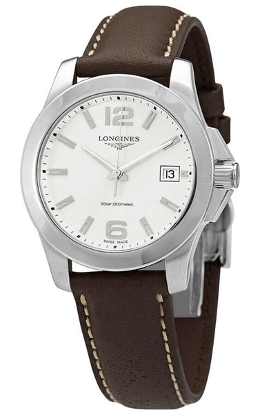 Watches - Womens-Longines-L33774765-30 - 35 mm, Conquest, date, leather, Longines, new arrivals, round, silver-tone, stainless steel case, swiss quartz, watches, womens, womenswatches-Watches & Beyond