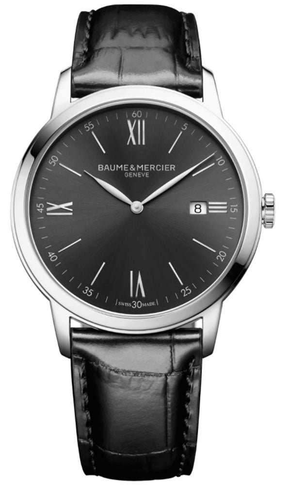Watches - Mens-Baume & Mercier-M0A10416-40 - 45 mm, Baume & Mercier, Classima, date, gray, leather, mens, menswatches, new arrivals, round, stainless steel case, swiss quartz, watches-Watches & Beyond