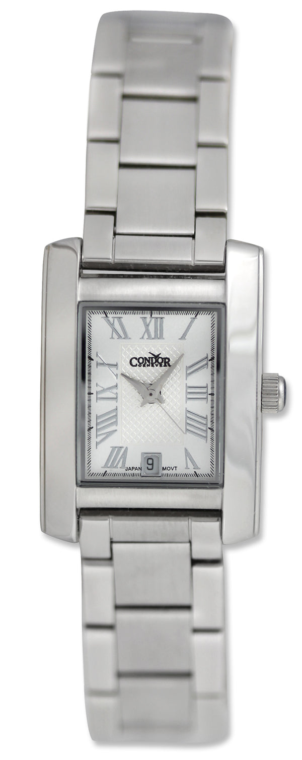 Watches - Womens-Condor-CWS110-20 - 25 mm, Condor, date, quartz, rectangle, silver-tone, stainless steel band, stainless steel case, watches, womens, womenswatches-Watches & Beyond